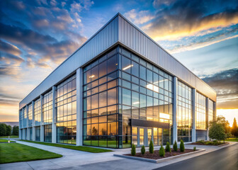 Obraz premium modern industrial building with glass facade, showcasing smooth lines and inviting interior spaces. sunset reflects beautifully on windows, enhancing architectural design