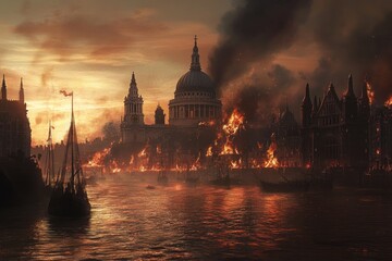 Obraz premium A dramatic depiction of a cityscape engulfed in flames at sunset.