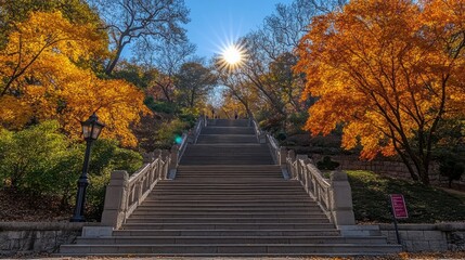 A majestic stairway leading to a clear blue sky with the sun peeking through light clouds, symbolizing business ambition, personal growth, and the endless possibilities ahead in the corporate world.