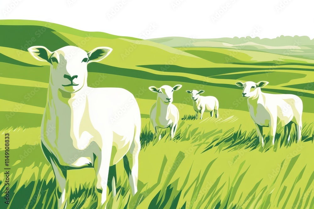 Aufkleber minimalist illustration of sheep in a serene meadow setting with stylized lines and a muted palette 