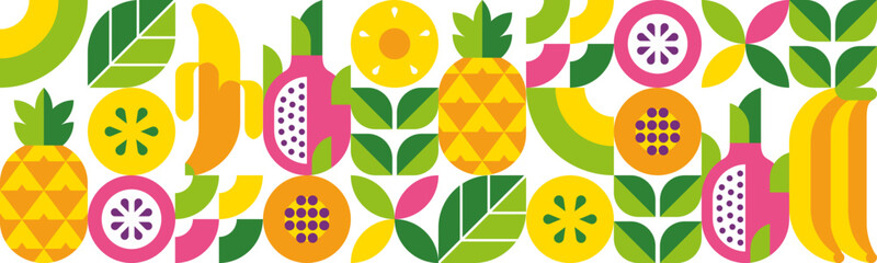 Tropical fruits, leaves and slices. Modern seamless pattern. Abstract geometric background. Set of vector icons in simple flat style. Isolated elements. 