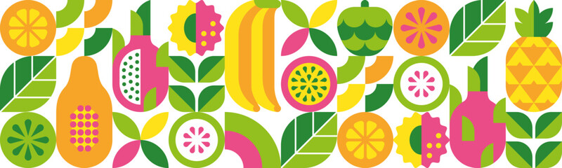 Tropical fruits, leaves and slices. Modern seamless pattern. Abstract geometric background. Set of vector icons in simple flat style. Isolated elements. 
