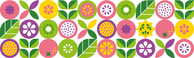 Tropical fruits, leaves and slices. Modern seamless pattern. Abstract geometric background. Set of vector icons in simple flat style. Isolated elements. 