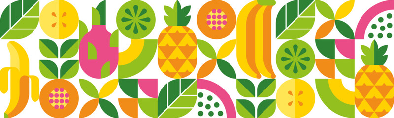 Tropical fruits, leaves and slices. Modern seamless pattern. Abstract geometric background. Set of vector icons in simple flat style. Isolated elements. 