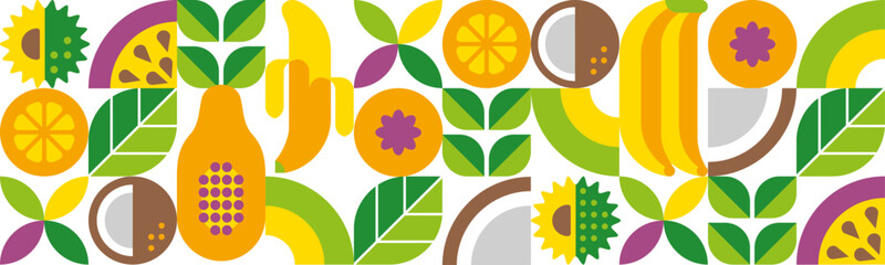 Tropical fruits, leaves and slices. Modern seamless pattern. Abstract geometric background. Set of vector icons in simple flat style. Isolated elements. 