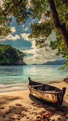 Weathered boat on topaz beach scenic seaside landscape calm waters tropical paradise serene nature view