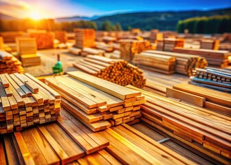 Tilt-Shift Photography: Miniature Lumber Yard, Stacked Wood, Freshly Cut Timber,  Close-Up Pile of Lumber, Detailed Wood Texture