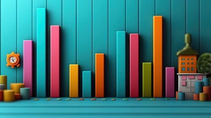 Obraz premium Colorful 3D quarterly profit margin chart illustrates business performance. Interactive elements visualize growth, loss. Visuals display financial summary. Time-sensitive data presented. Relevant