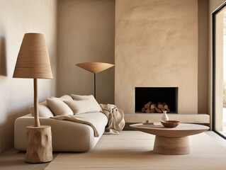 Neutral japandi and wabi sabi style living room with grey stucco walls, light curved couch and rustic wood curved coffee table