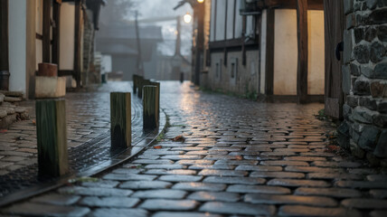 Fototapeta premium A tranquil cobblestone street in a quaint village, illuminated by soft streetlights during a foggy evening.