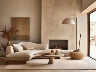 Neutral japandi and wabi sabi style living room with grey stucco walls, light curved couch and rustic wood curved coffee table