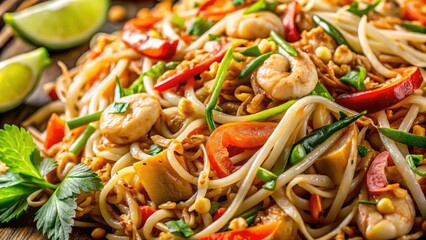 Top View Pad Thai Noodles, Stir-fried Thai Food, High-Resolution Image, Deep Depth of Field Photography