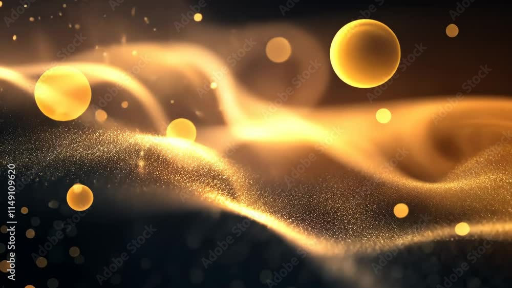 Poster ethereal golden spheres float above waves of shimmering particles in a dark environment during a cre