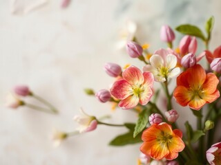 Obraz premium Colorful spring flowers blossoming on a textured paper background, natural beauty, background, blossoming