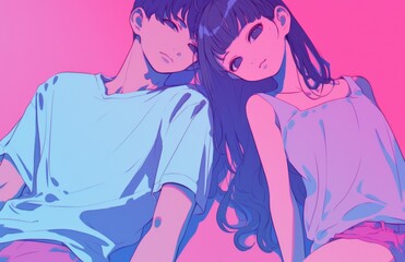 A young man with blue hair in an oversized white t-shirt and pink shorts, sitting next to his beautiful girlfriend in a purple dress with long, straight hair