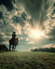 Fototapeta premium A silhouette of a cowboy on horseback against a dramatic sky and sun rays.