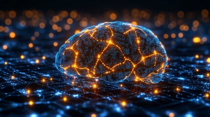 A 3D rendering of a digital brain, with neural connections made of binary code and electronic circuits, representing the fusion of artificial intelligence with human intelligence.