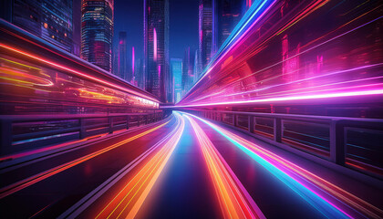 Fototapeta premium 3D Rendering of highway in city. High speed motion blur. Concept of leading in business, Hi tech products background, artificial intelligence, hyper loop, virtual reality, high speed network.