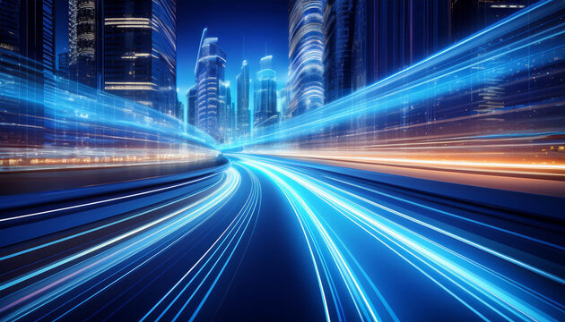 3D Rendering of highway in city. High speed motion blur. Concept of leading in business, Hi tech products background, artificial intelligence, hyper loop, virtual reality, high speed network.