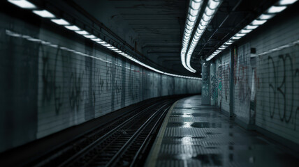 A dimly lit subway tunnel showcasing a curved track with graffiti on the walls, creating an urban...