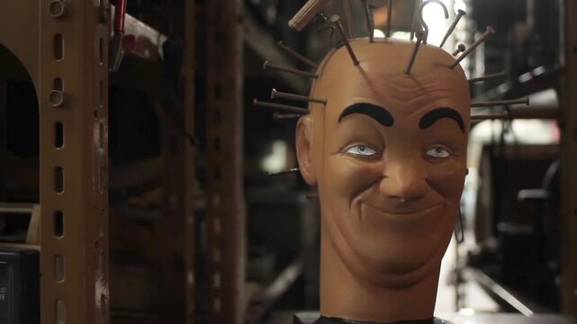 Geniol Head with Nails and Screws, Headache Metaphor in Antique Store, Iconic Argentine Advertising Art - Close Up