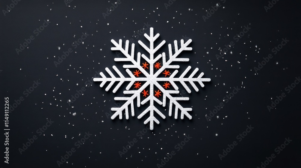 Poster White snowflake with red center on dark background with snow.
