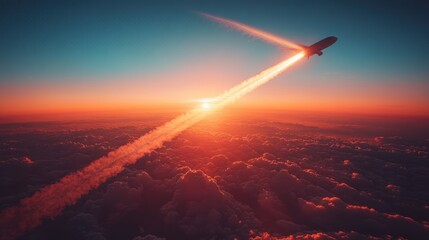 A jet aircraft flying through colorful clouds at sunset, leaving a trail of vapor.