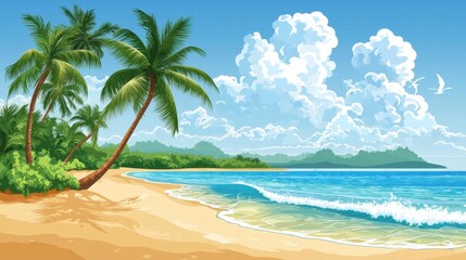 Obraz premium Serene Tropical Beach Landscape with Palm Trees and Gentle Waves