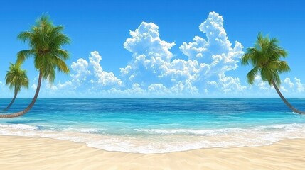 Tranquil Tropical Beach with Calm Waves and Lush Palm Trees