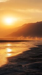 Golden sunrise over serene lake nature landscape tranquil environment scenic viewpoint