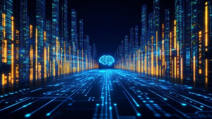 A glowing brain with neural connections replaced by AI circuits and algorithms, depicting the integration of artificial intelligence technology in modern brain science and cognitive enhancement.