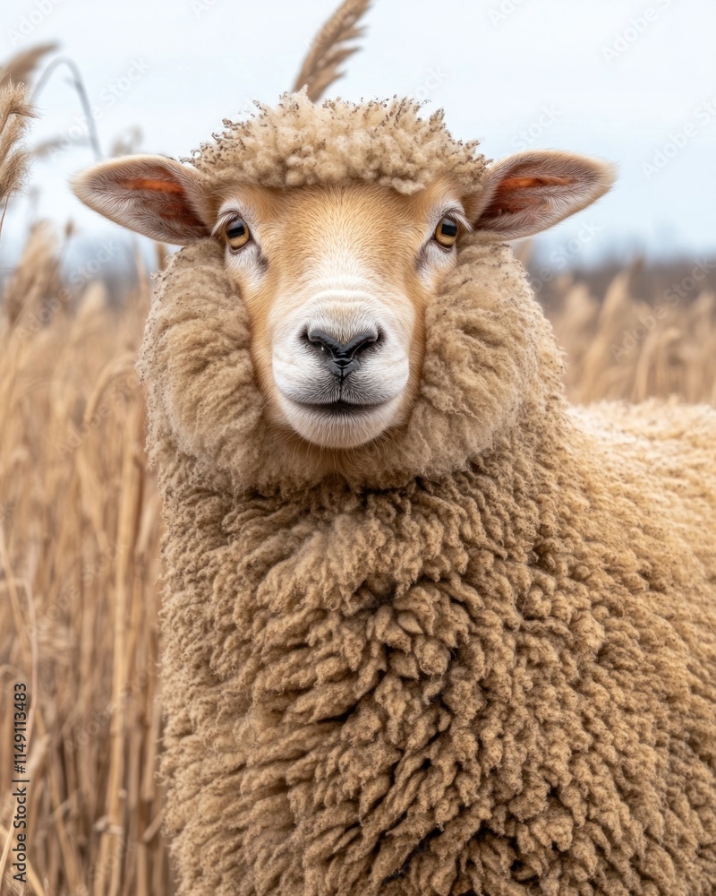 Poster a close-up of a fluffy sheep in a natural setting, highlighting its texture and expression.