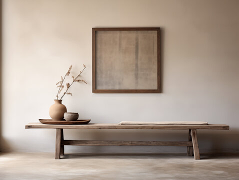Neutral japandi and wabi sabi style living room with grey stucco walls and rustic wood coffee table