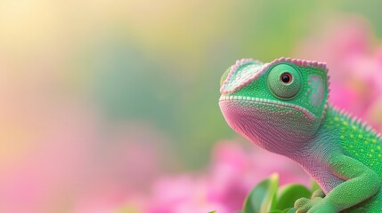 Fototapeta premium Chameleon Blending Seamlessly Into Vibrant Rainforest Background With Lush Greenery And Tropical Colors Perfect For Nature And Wildlife Photography Concepts And Design Elements