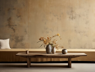Neutral japandi and wabi sabi style living room with grey stucco walls and rustic wood coffee table