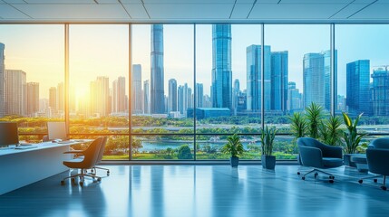 A sleek, white office with a large window, providing a breathtaking view of a megalopolis, with towering skyscrapers and a vibrant city life stretching beyond the glass.