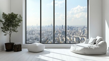 A minimalist white office space with a large window, revealing an expansive view of a megalopolis, highlighting a busy city center and modern high-rise buildings.