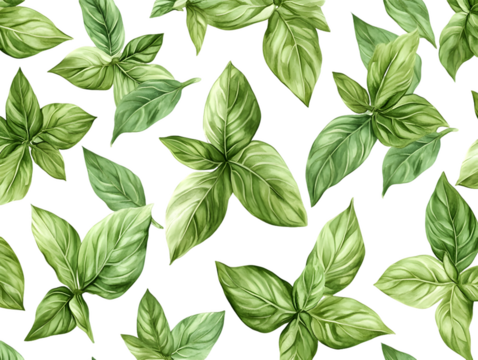 Watercolor Illustration of Basil Leaves Isolated On A White Background, PNG Transparent