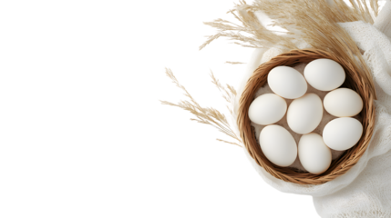 Eight White Eggs in Wicker Basket with Pampas Grass Isolated On A White Background, PNG Transparent