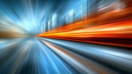 A futuristic cityscape with abstract business and real estate themes, showing motion blur and reflections in the glass of towering skyscrapers, all in a blue-toned picture with bokeh.