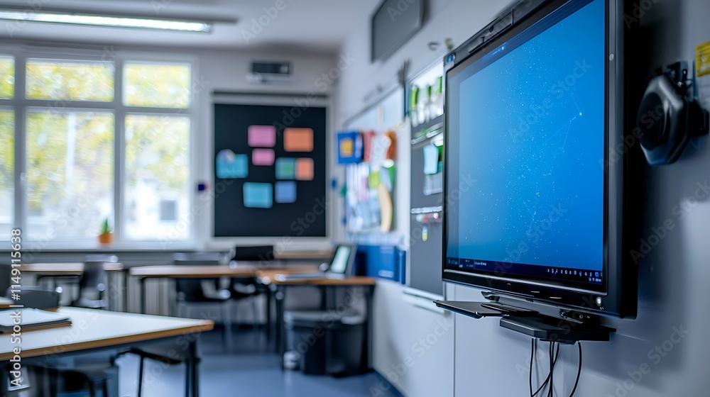 Poster modern classroom interior with interactive display, desks, and learning resources.