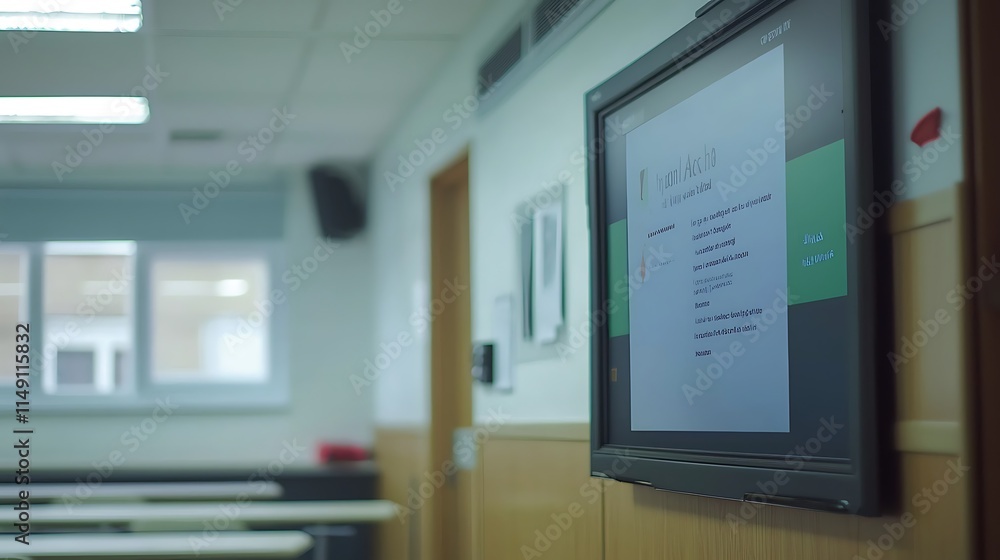 Poster Classroom with wall-mounted monitor displaying information.