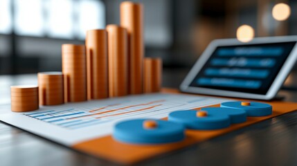 A business workspace with a report document on paper and tablet showing sales data and financial growth charts, set on a table, emphasizing professional financial analysis.