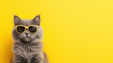 Gray British Furry Cat Wearing Yellow Sunglasses Against Bright Yellow Background for Chic Fashion Statement and Stylish Pet Portrait Enthusiasts