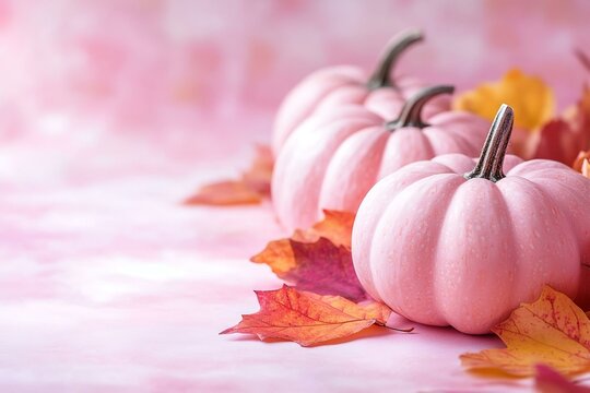 pink pastel pumpkins with fall leaves on soft colored ground with space for text soft pink fall background