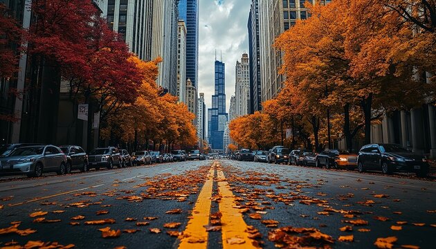 A background design made up of fall leaves on a Chicago street