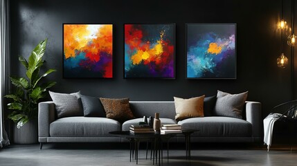Living room with 3 three accent canvas square painting picture. Frames for art on a black wall. Gallery in dark colors with a gray sofa or couch.