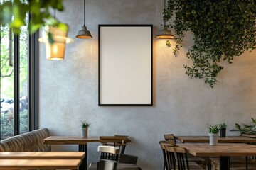 Close up of a vertical framed poster on a cafe wall. mock up.