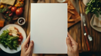 Hand holding a blank paper poster design for a restaurant menu providing space for displaying menu items or designs