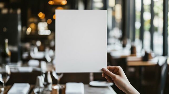 Hand holding a blank paper poster design for a restaurant menu providing space for displaying menu items or designs